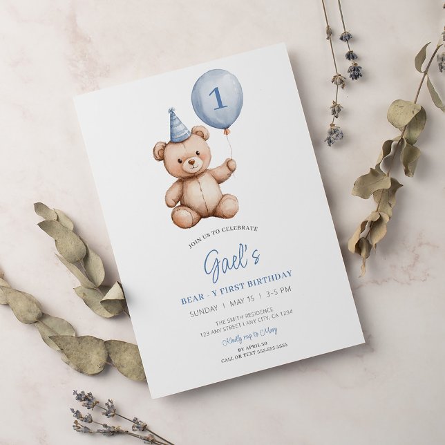 Teddy Bear Balloon First Birthday Invitation (Creator Uploaded)