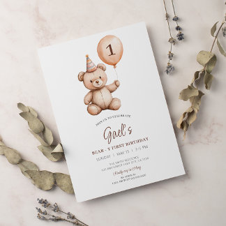 Teddy Bear Balloon First Birthday Invitation