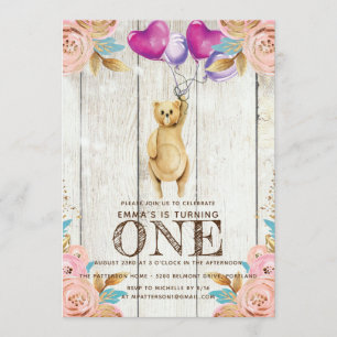Teddy Bear Balloon First Birthday  Rustic Invitation