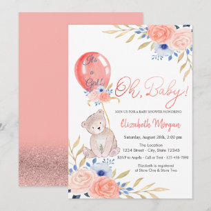Teddy Bear Balloon Floral Baby Shower Invitation