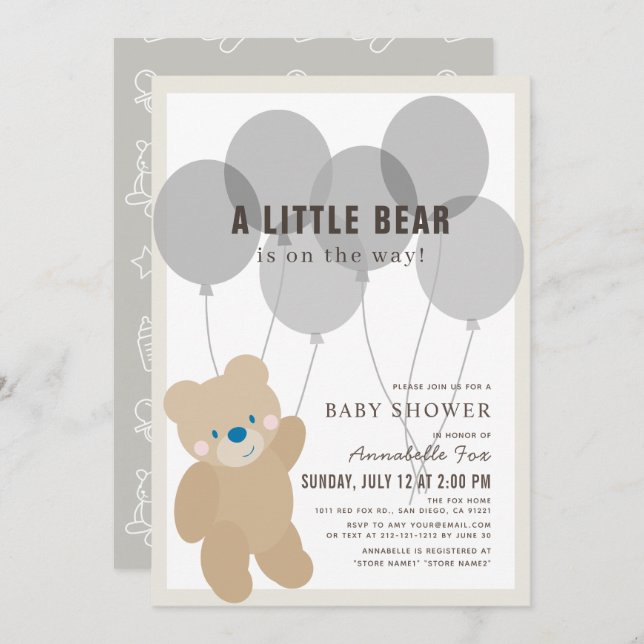 Teddy Bear Balloon Gender Neutral Baby Shower Invitation (Front/Back)