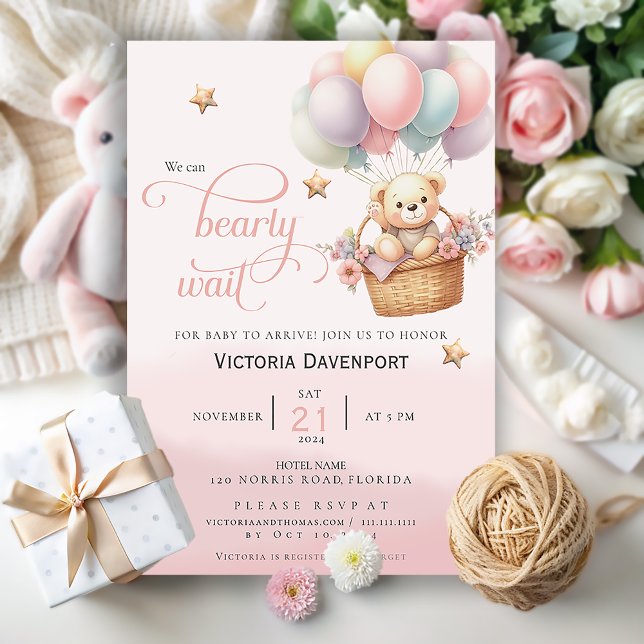  Teddy Bear Balloon Girl Baby Shower Invitation (Creator Uploaded)