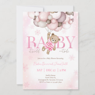 Teddy Bear Balloon Girl Bearly Wait Baby Shower Invitation