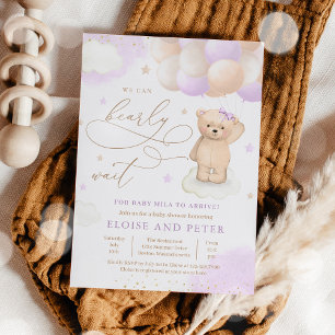 Teddy Bear Balloon Girl Bearly Wait Baby Shower Invitation