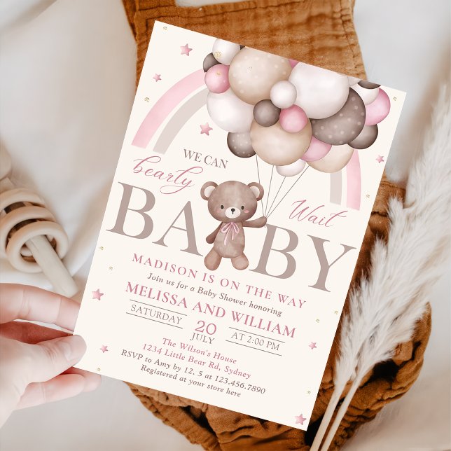Teddy Bear Balloon Girl Bearly Wait Baby Shower Invitation (Creator Uploaded)