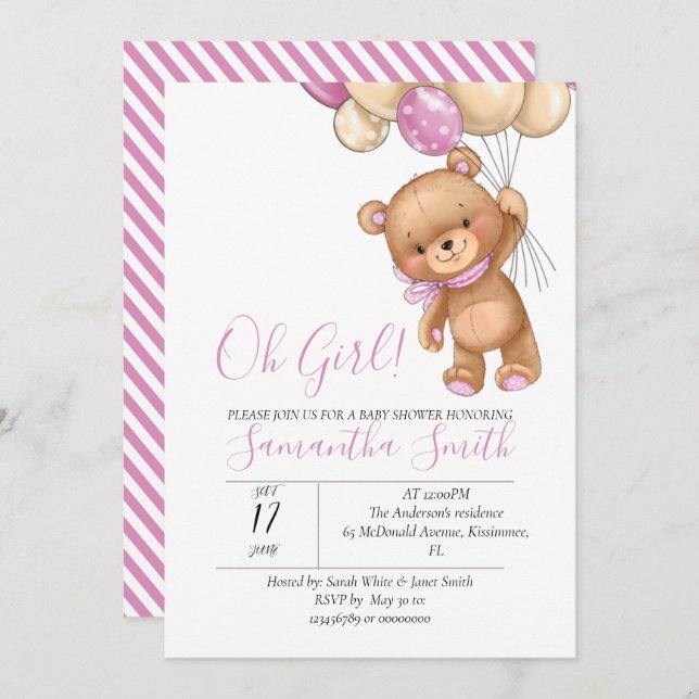 Teddy Bear Balloon Invitation (Front/Back)