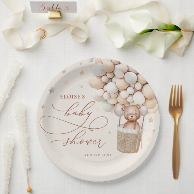 Teddy Bear Balloon Neutral Bearly Wait Baby Shower Paper Plate (Wedding)