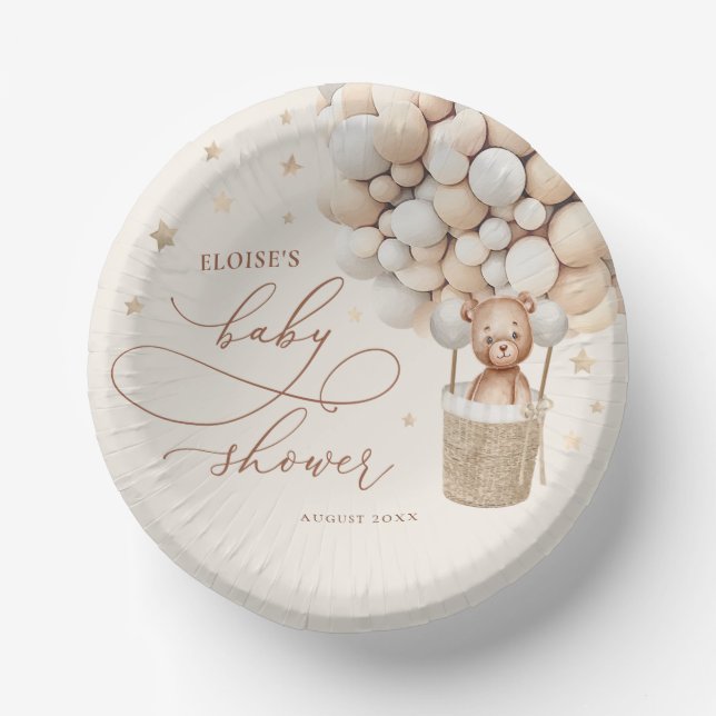 Teddy Bear Balloon Neutral Bearly Wait Baby Shower Paper Plate (Front)