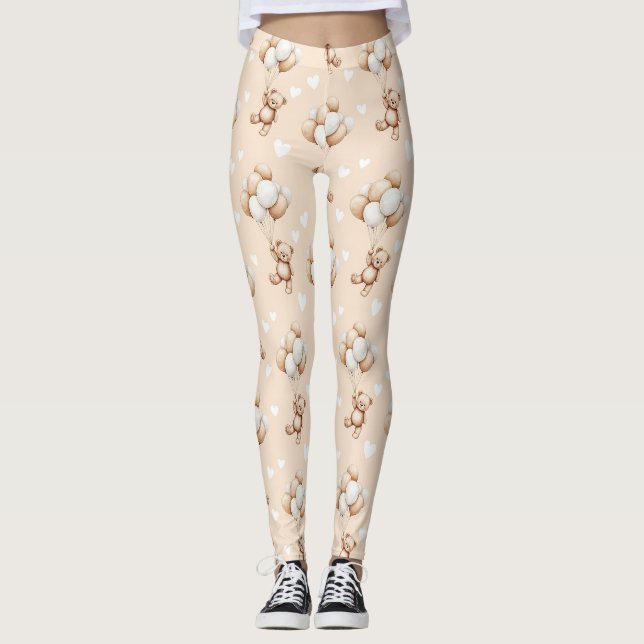 Teddy Bear Balloon Neutral Watercolor Pattern Leggings (Front)