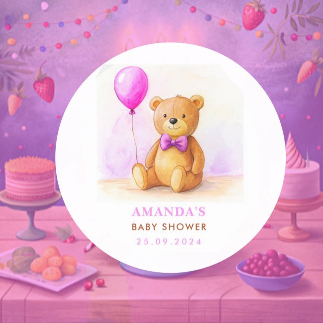 Teddy Bear Balloon Pastel Pink Brown Baby Shower Classic Round Sticker (Creator Uploaded)