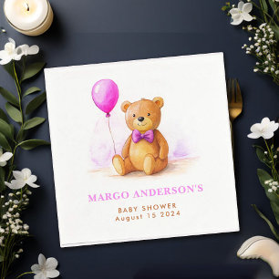 Teddy Bear Balloon Pastel Pink Brown Baby Shower Napkin
