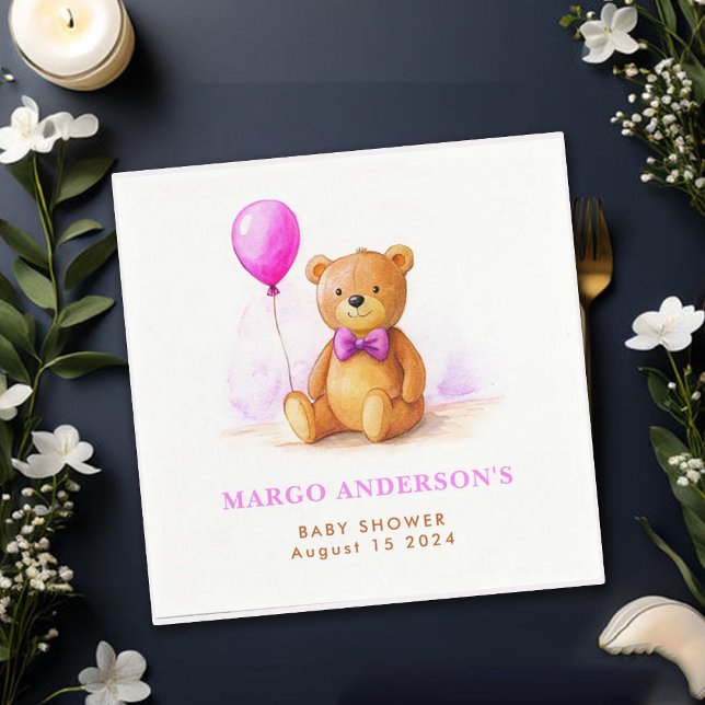 Teddy Bear Balloon Pastel Pink Brown Baby Shower Napkin (Creator Uploaded)