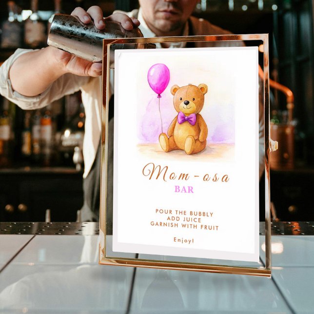 Teddy Bear Balloon Pastel Pink Brown Baby Shower Poster (Creator Uploaded)