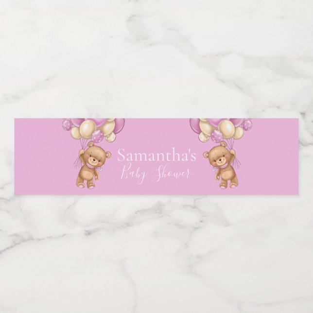 Teddy Bear Balloon Pink baby shower   Water Bottle Label (Single Label)