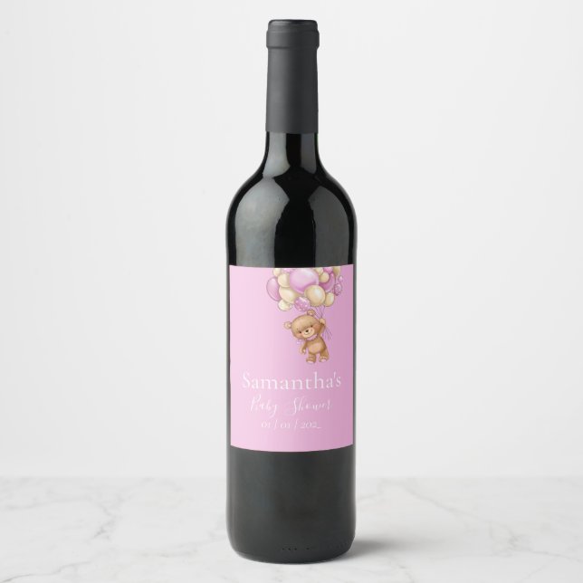 Teddy Bear Balloon Pink baby shower  Wine Label (Front)