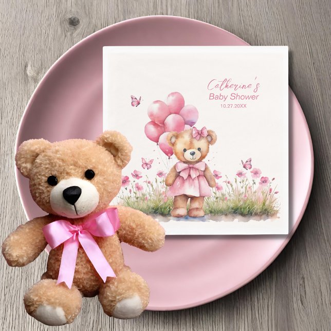 Teddy Bear Balloon Pink Butterfly Girl Baby Shower Napkin (Creator Uploaded)