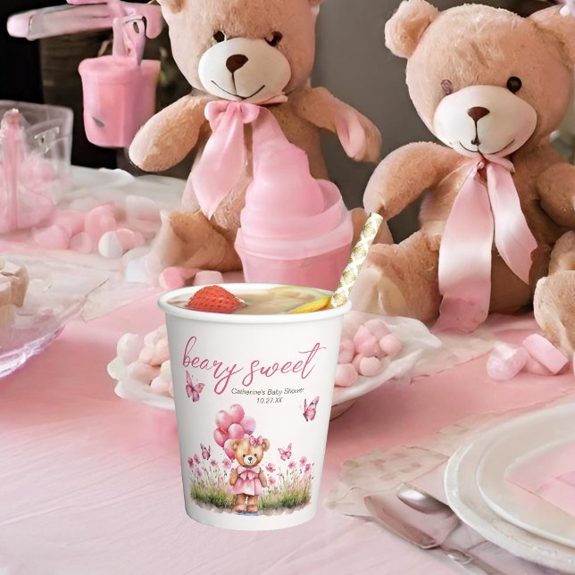 Teddy Bear Balloon Pink Butterfly Girl Baby Shower Paper Cups (Creator Uploaded)