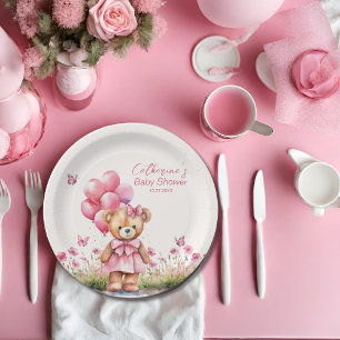 Teddy Bear Balloon Pink Butterfly Girl Baby Shower Paper Plate