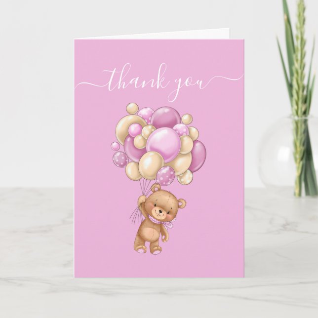 Teddy Bear Balloon PINK So Thankful  Card (Front)
