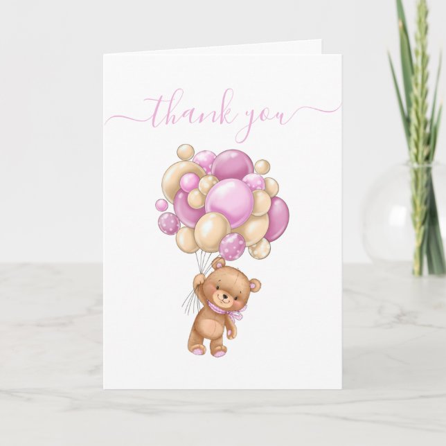 Teddy Bear Balloon Pink White God Parents Thankful Card (Front)
