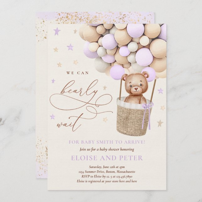 Teddy Bear Balloon Purple Girl Baby Shower Invitation (Front/Back)