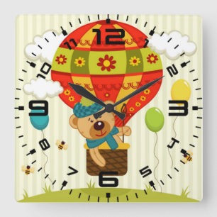 Teddy Bear Balloon Ride Square Wall Clock