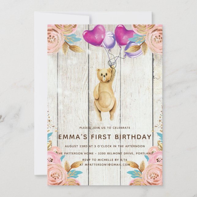 Teddy Bear Balloon Rustic First Birthday Invitation (Front)