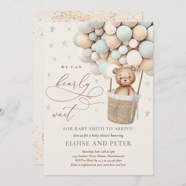 Teddy Bear Balloon Sage Green Bear Baby Shower Invitation (Front/Back)