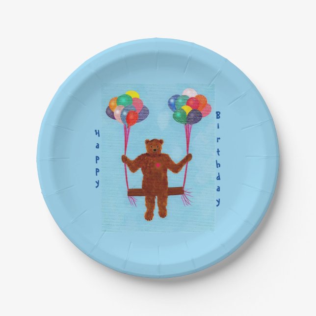 Teddy Bear Balloon Swing Birthday Plates (Front)