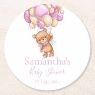 Teddy Bear Balloon White Pink baby shower Round Paper Coaster