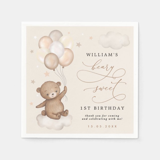 Teddy Bear & Balloons Apricot Cream Brown Birthday Napkin (Front)