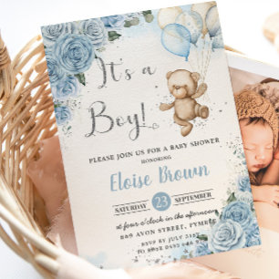 Teddy Bear Balloons Baby Blue Floral Boy Shower Invitation