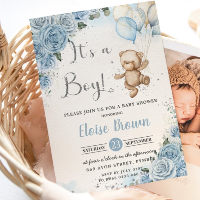 Teddy Bear Balloons Baby Blue Floral Boy Shower  Invitation (Creator Uploaded)