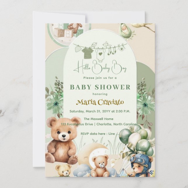 Teddy Bear & Balloons Baby Boy Shower Invitation (Front)
