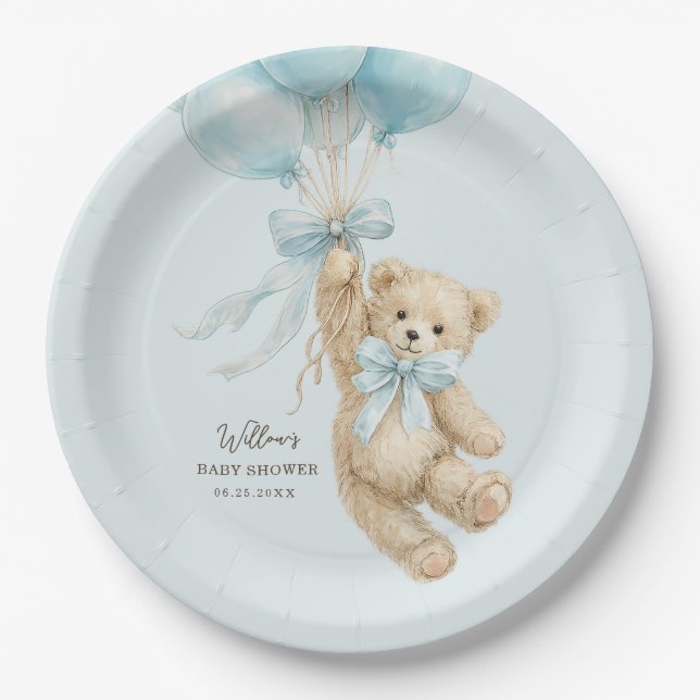 Teddy Bear Balloons Baby Shower Paper Plates (Front)