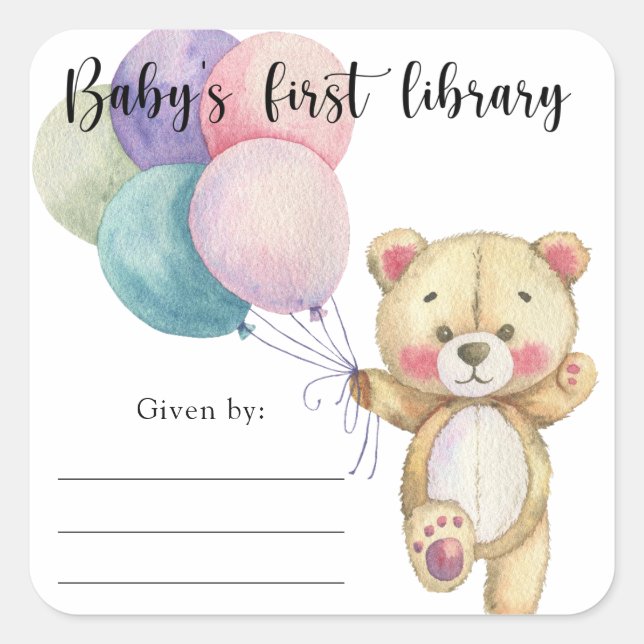 Teddy bear balloons - baby's first library square sticker (Front)