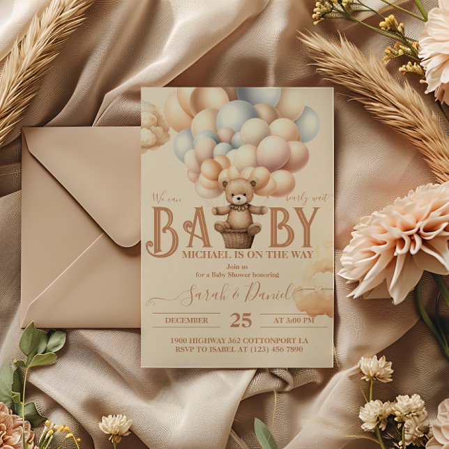 Teddy Bear Balloons Bearly Wait Baby Shower Invitation (Creator Uploaded)
