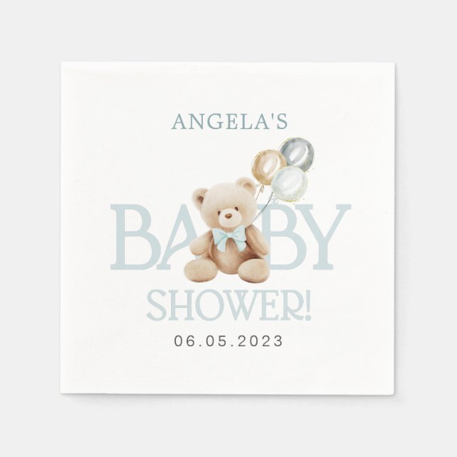 Teddy Bear Balloons Bearly Wait Baby Shower Napkin (Front)