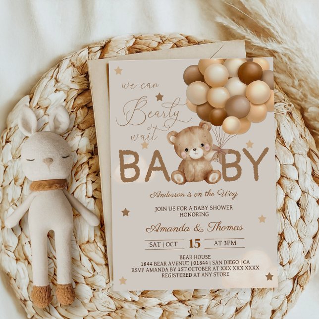 Teddy Bear Balloons Bearly Wait Boho Baby Shower Invitation (Creator Uploaded)