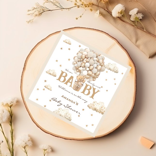 Teddy Bear Balloons Bearly Wait Boho Baby Shower Napkin (Creator Uploaded)