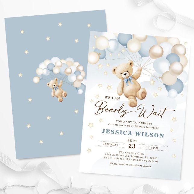 Teddy Bear Balloons Bearly Wait Boy Baby Shower Invitation (Creator Uploaded)