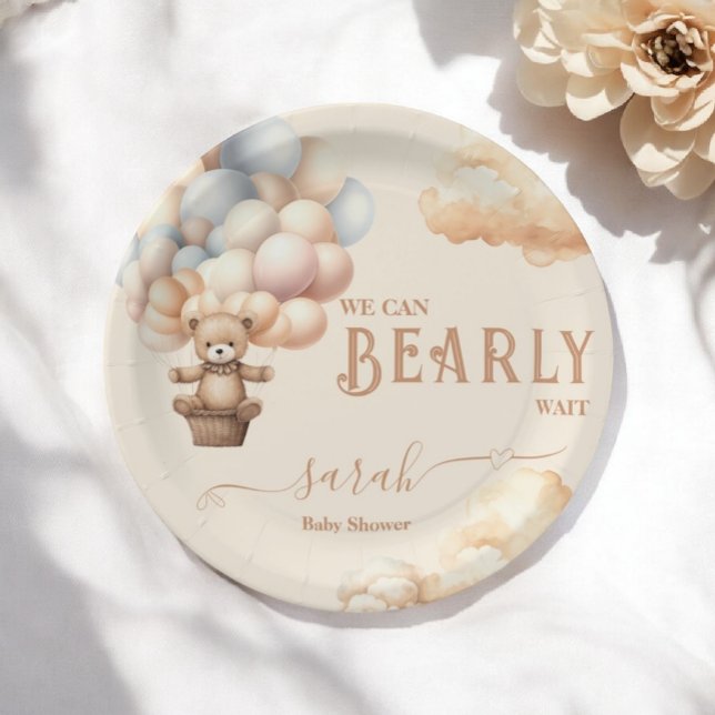 Teddy Bear Balloons Bearly Wait Gender Neutral Paper Plate (Creator Uploaded)