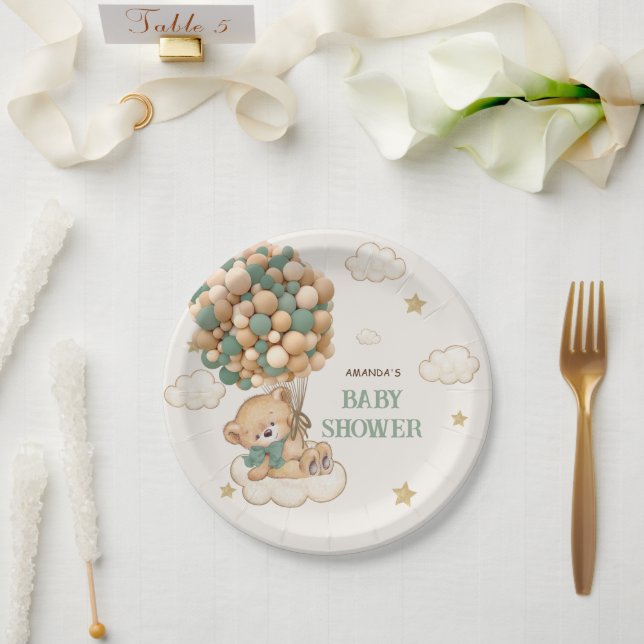 Teddy Bear Balloons Beige Green Baby Shower Paper Plate (Wedding)