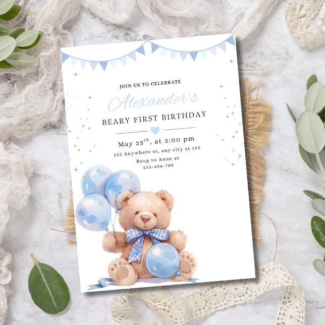 Teddy Bear Balloons Birthday Invite, Beary First Invitation (Creator Uploaded)