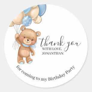 Teddy Bear Balloons Birthday Thank You Blue Boy Classic Round Sticker