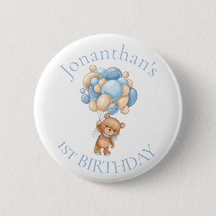 Teddy Bear  Balloons Blue 1st Birthday  6 Cm Round Badge