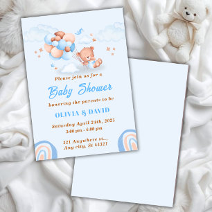 Teddy Bear ,Balloons Blue And Brown Baby Shower Invitation