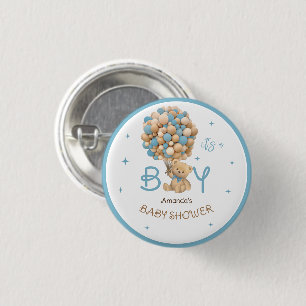Teddy Bear Balloons Blue Baby Boy Shower Favour 3 Cm Round Badge
