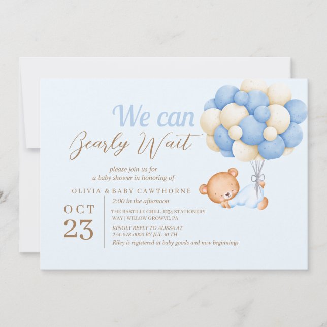  Teddy Bear Balloons  Blue  Baby Boy Shower Invitation (Front)