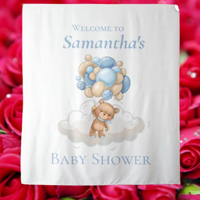 Teddy Bear  Balloons Blue Baby Shower backdrop Tapestry (Decorating with a teddy bear backdrop opens up so many fun possibilities!)